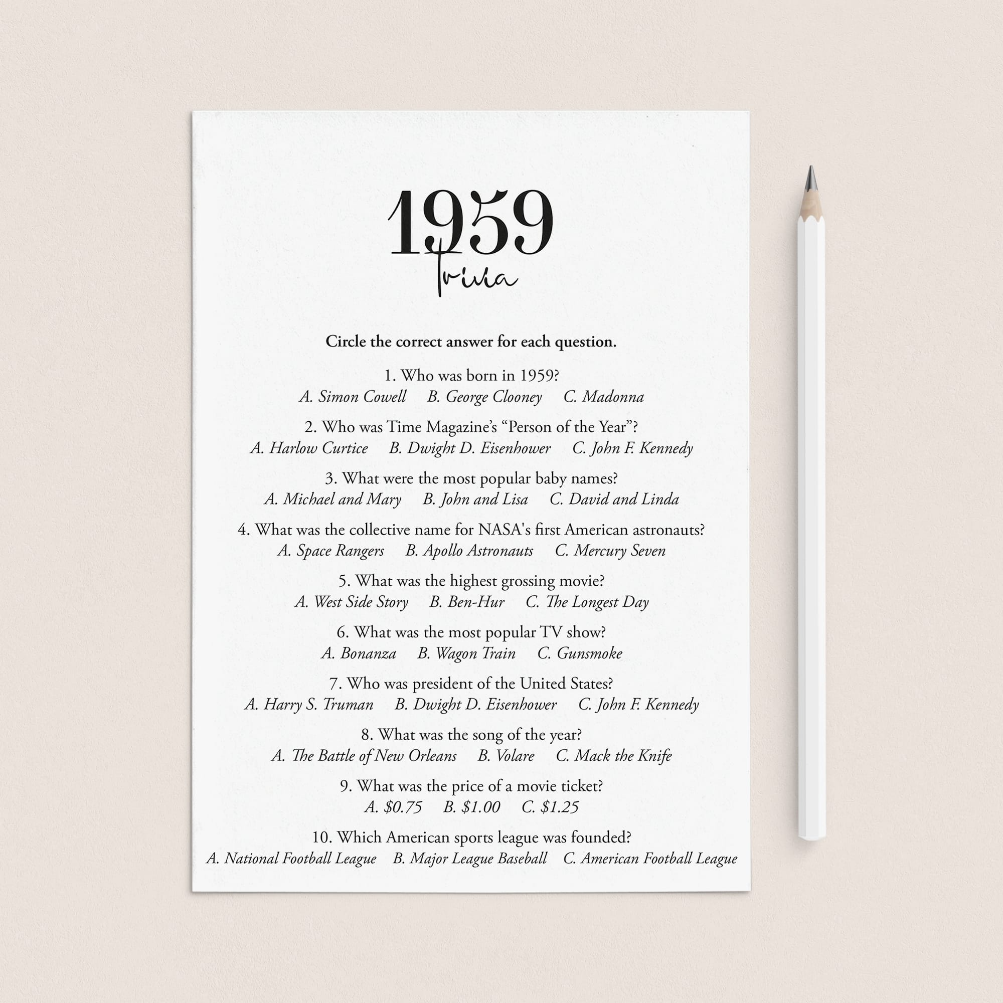 1959 Trivia Quiz with Answer Key Instant Download by LittleSizzle