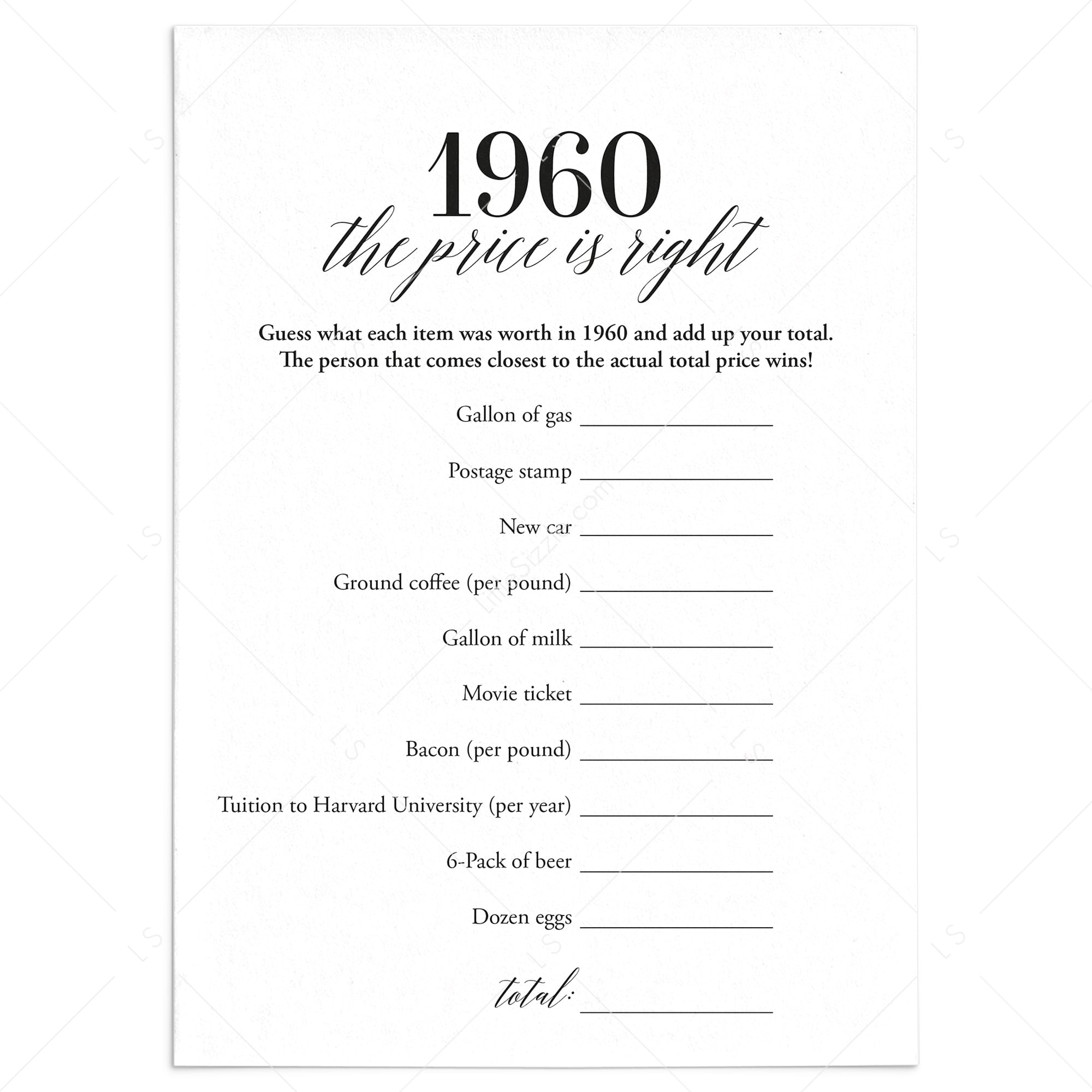 1960 The Price Is Right Game with Answers Printable by LittleSizzle