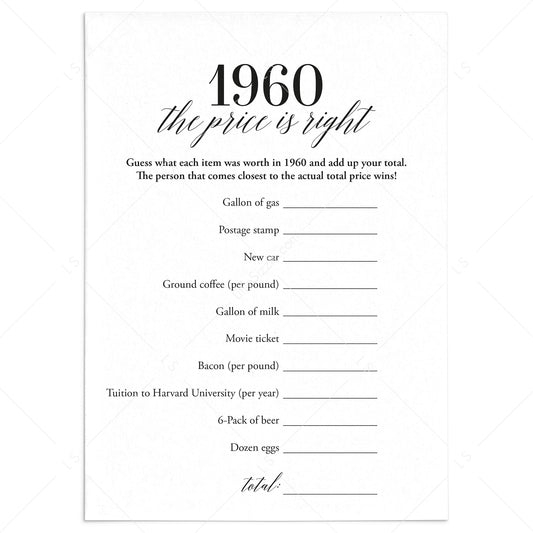 1960 The Price Is Right Game with Answers Printable by LittleSizzle