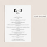 1960 Trivia Quiz with Answer Key Instant Download