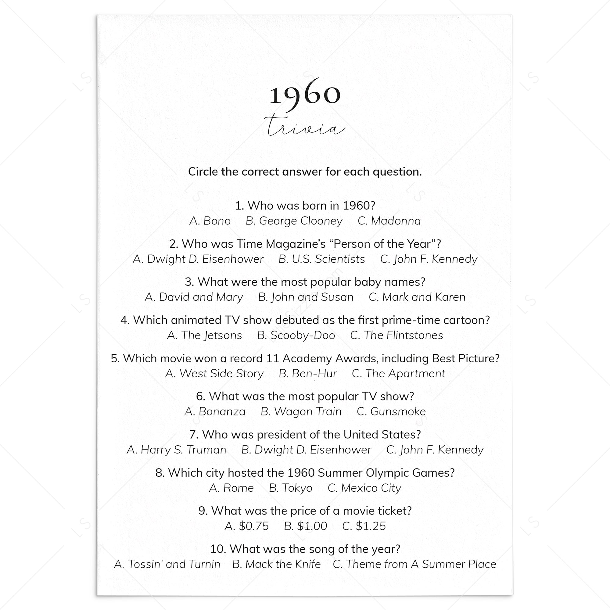 1960 Quiz and Answers Printable by LittleSizzle