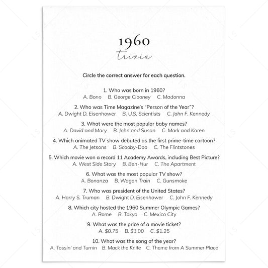 1960 Quiz and Answers Printable by LittleSizzle