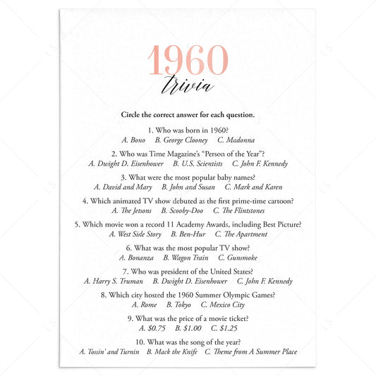 1960 Trivia Questions and Answers Printable by LittleSizzle