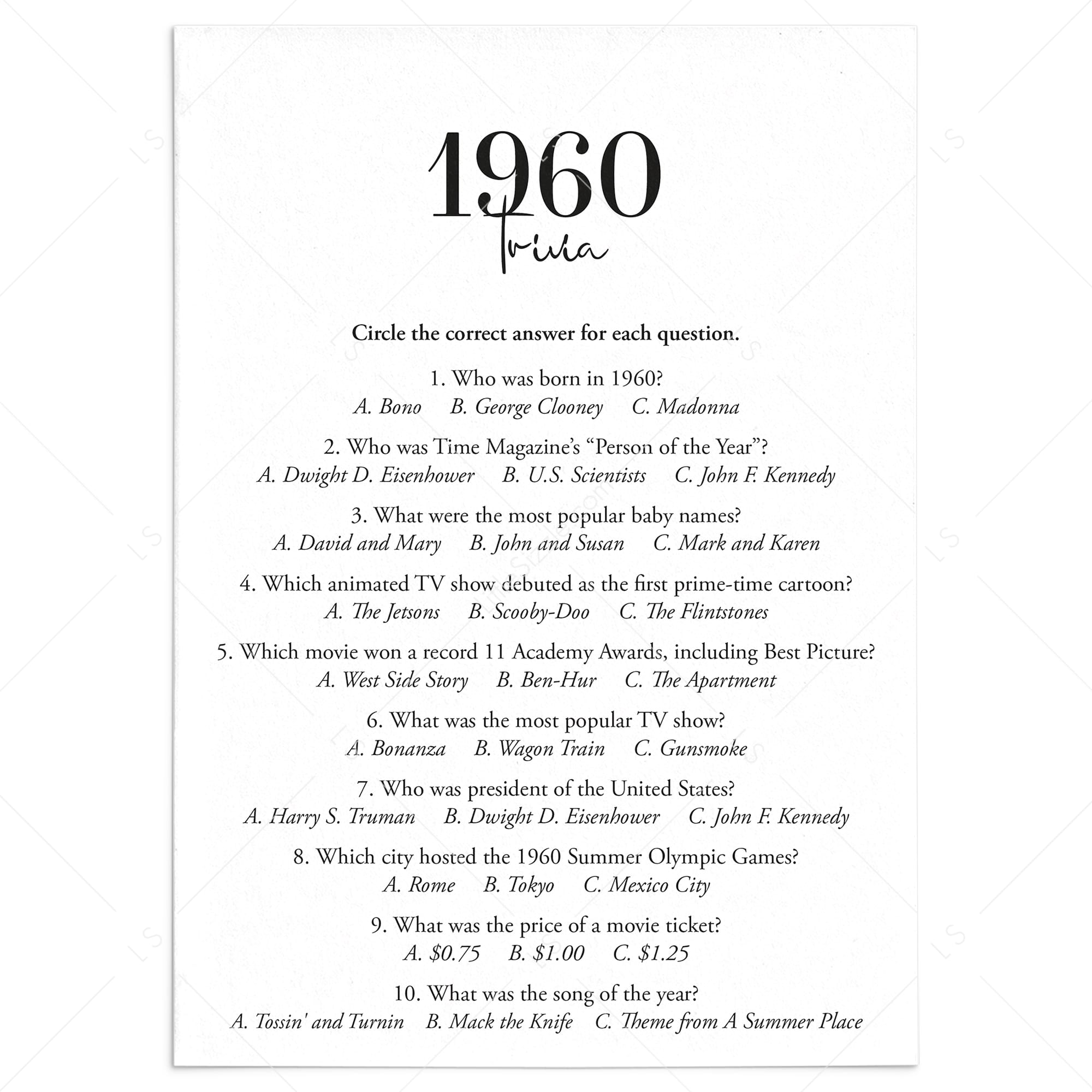 1960 Trivia Quiz with Answer Key Instant Download by LittleSizzle