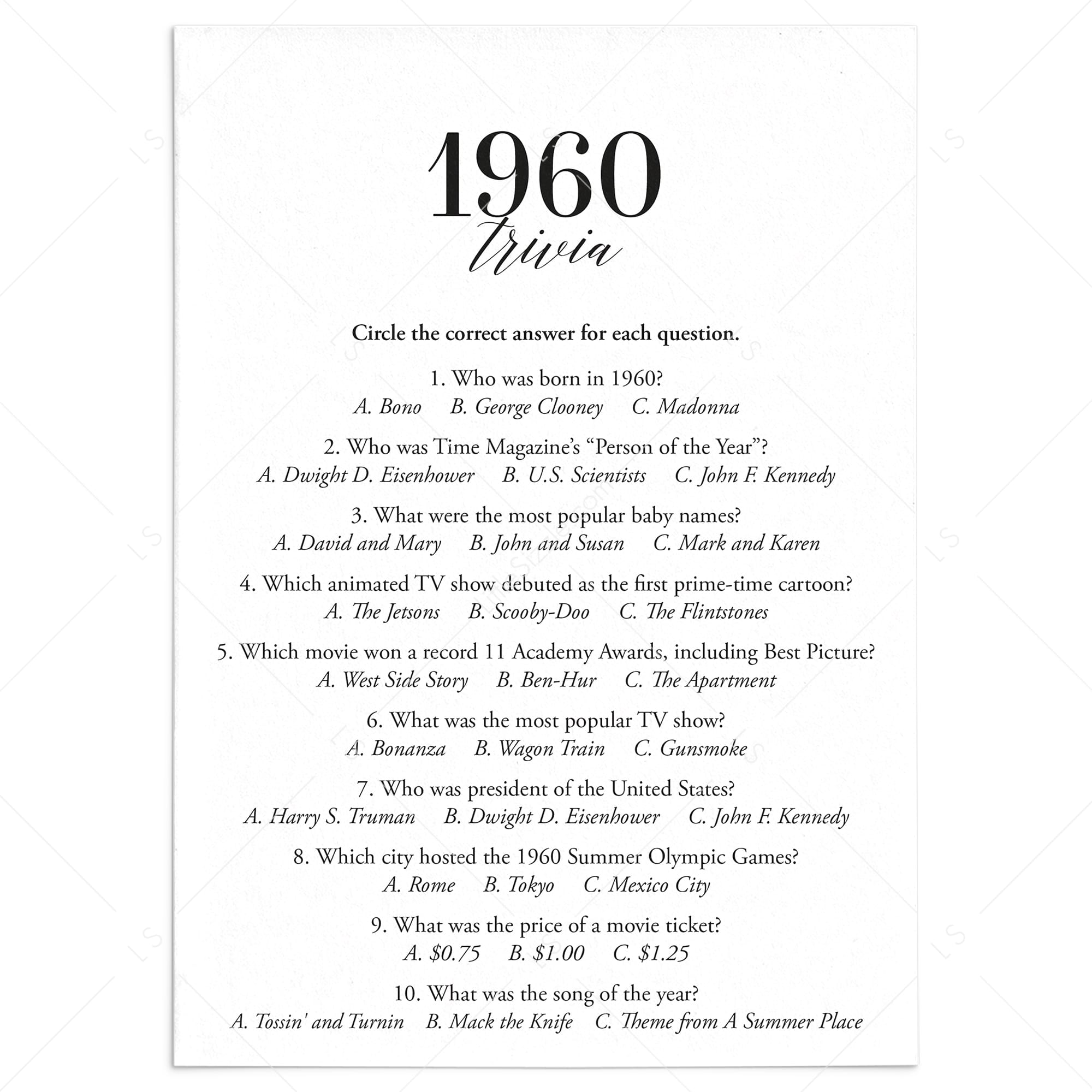 1960 Fun Facts Quiz with Answers Printable | 1960 Pop Culture Trivia by LittleSizzle