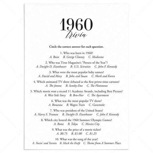 1960 Fun Facts Quiz with Answers Printable | 1960 Pop Culture Trivia by LittleSizzle