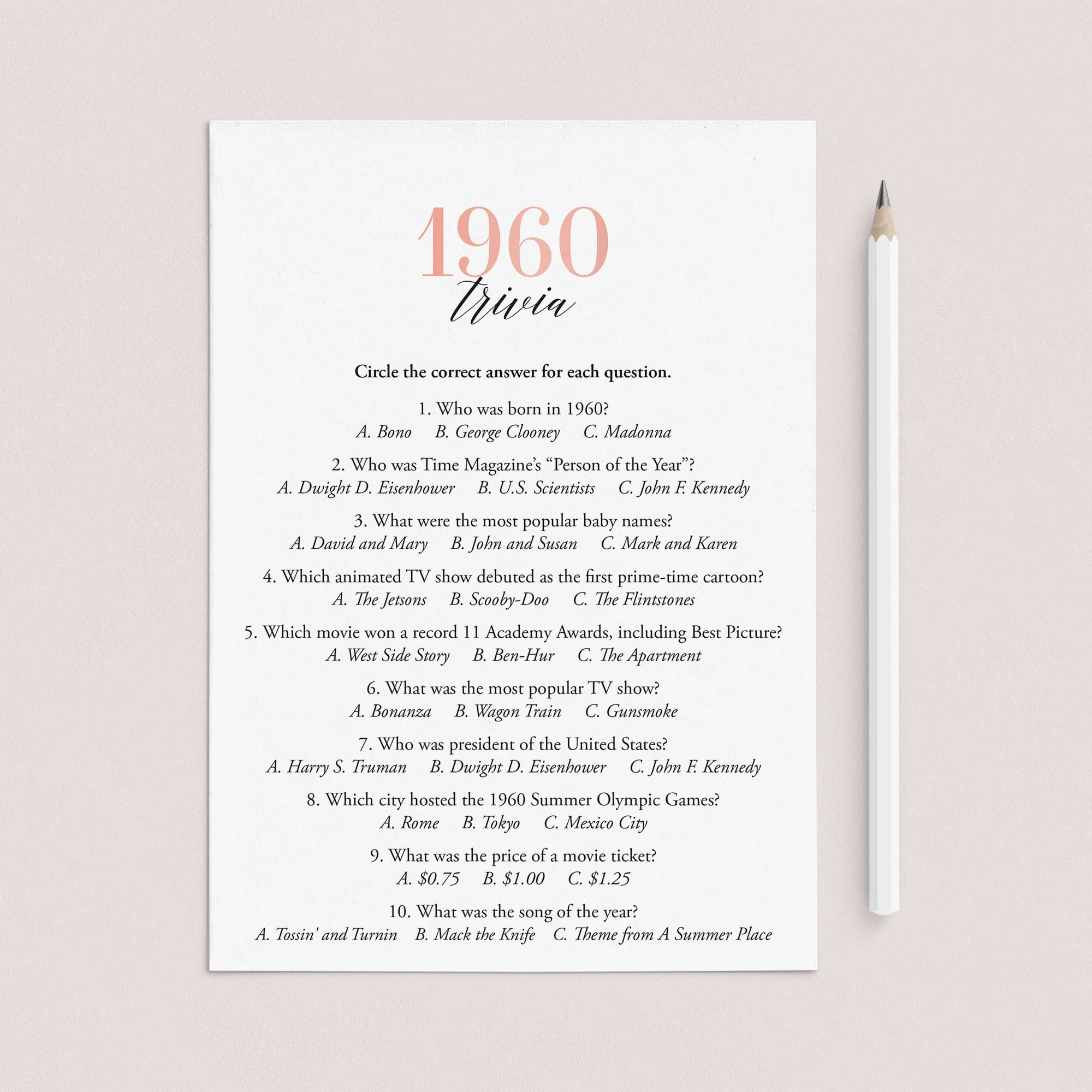 1960 Trivia Questions and Answers Printable by LittleSizzle