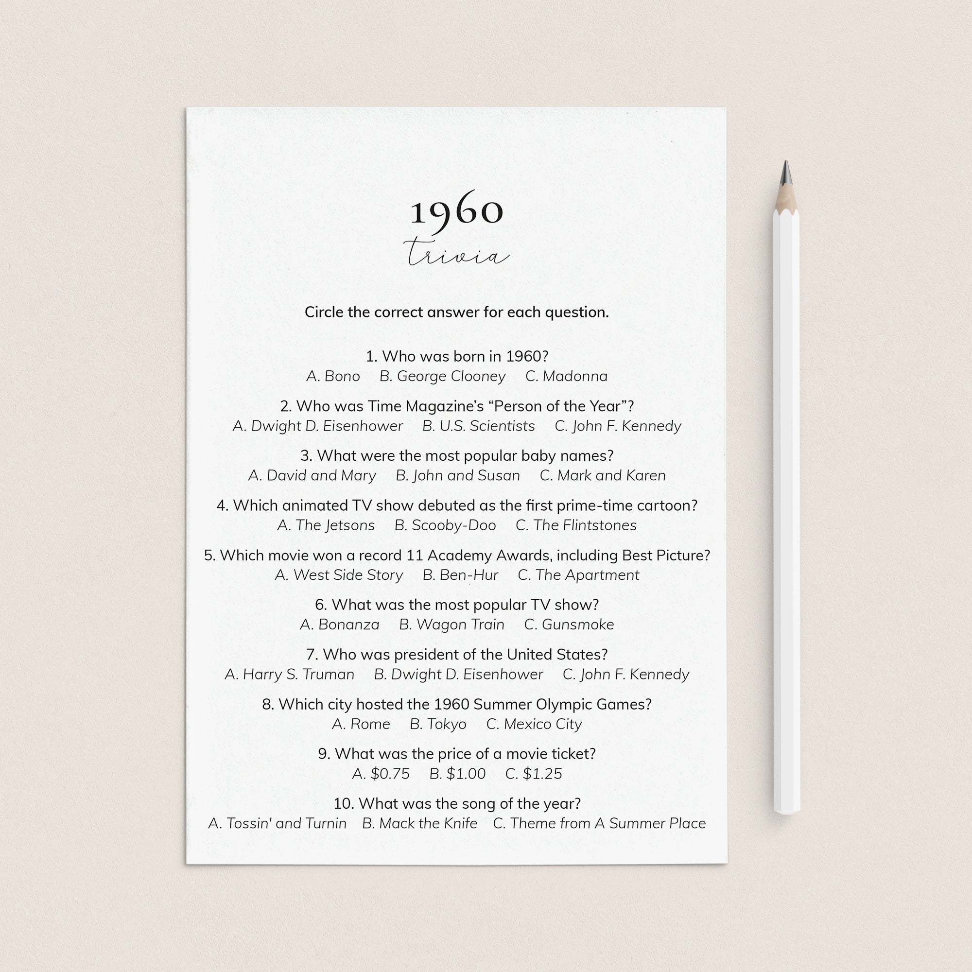 1960 Quiz and Answers Printable by LittleSizzle