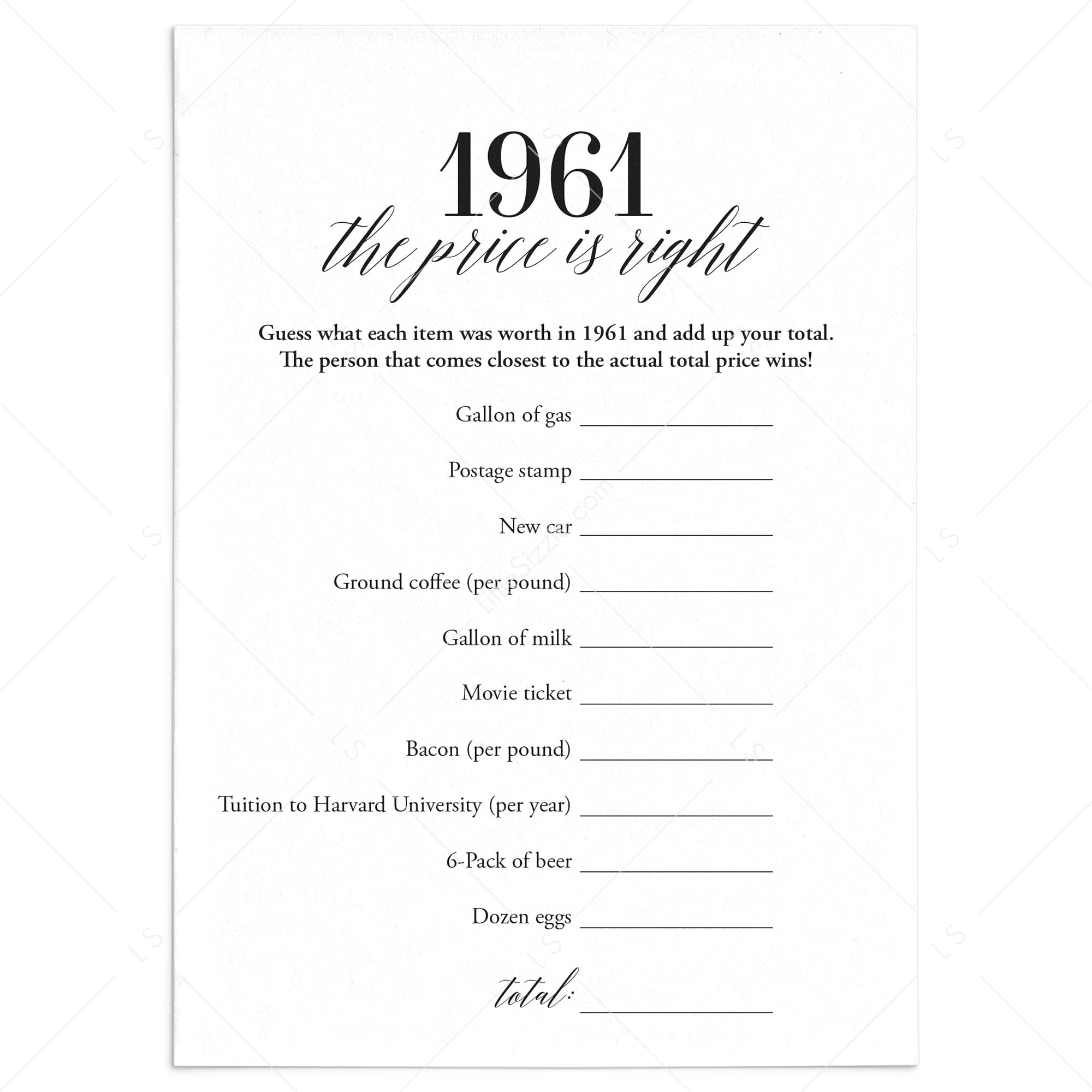 1961 The Price Is Right Game with Answers Printable by LittleSizzle