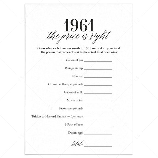1961 The Price Is Right Game with Answers Printable by LittleSizzle
