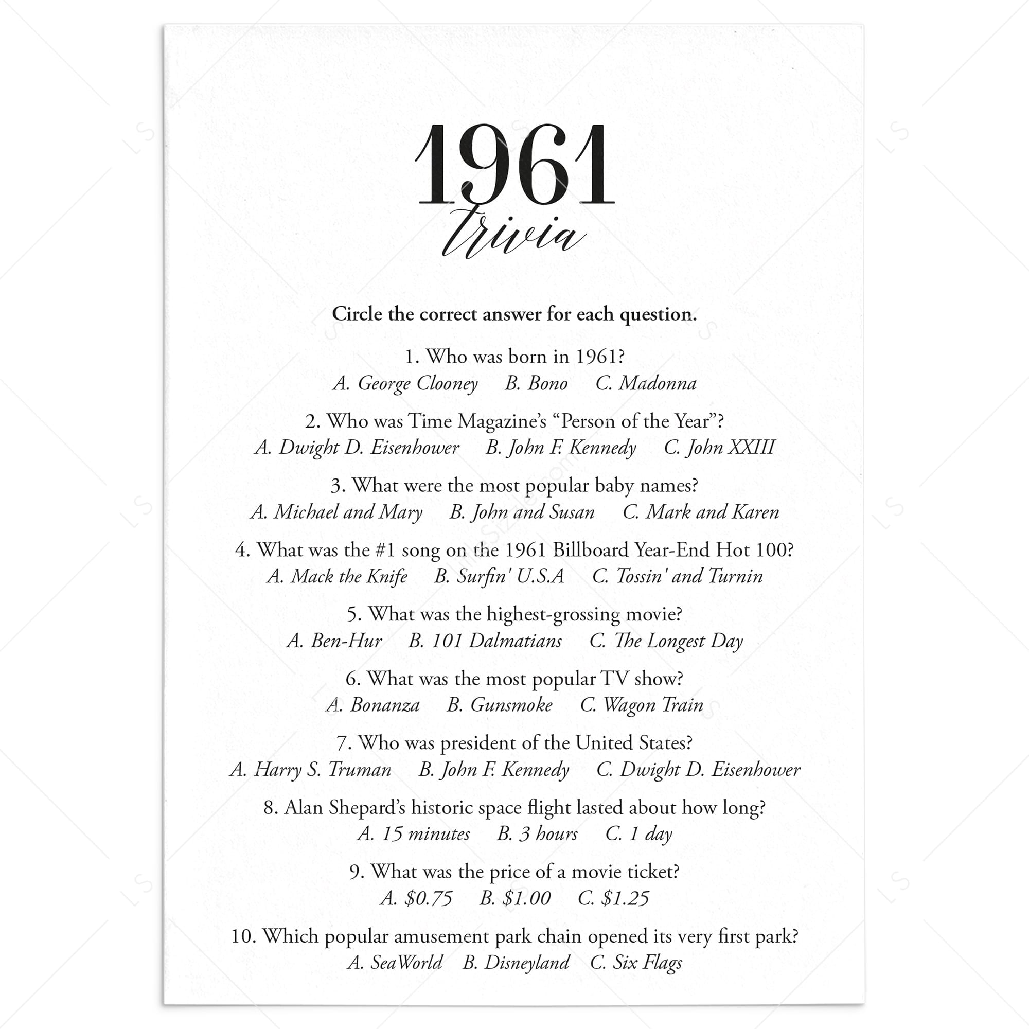 1961 Trivia Quiz with Answer Key Instant Download by LittleSizzle