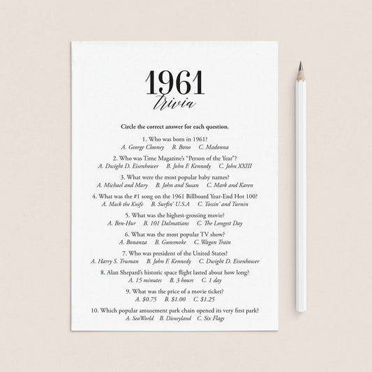 1961 Trivia Quiz with Answer Key Instant Download by LittleSizzle