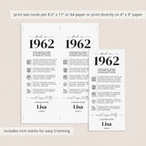 65th Birthday Place Cards Personalized What Happened in 1962 Printable