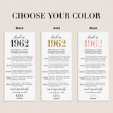 65th Birthday Party Decorations Born in 1962 Table Card