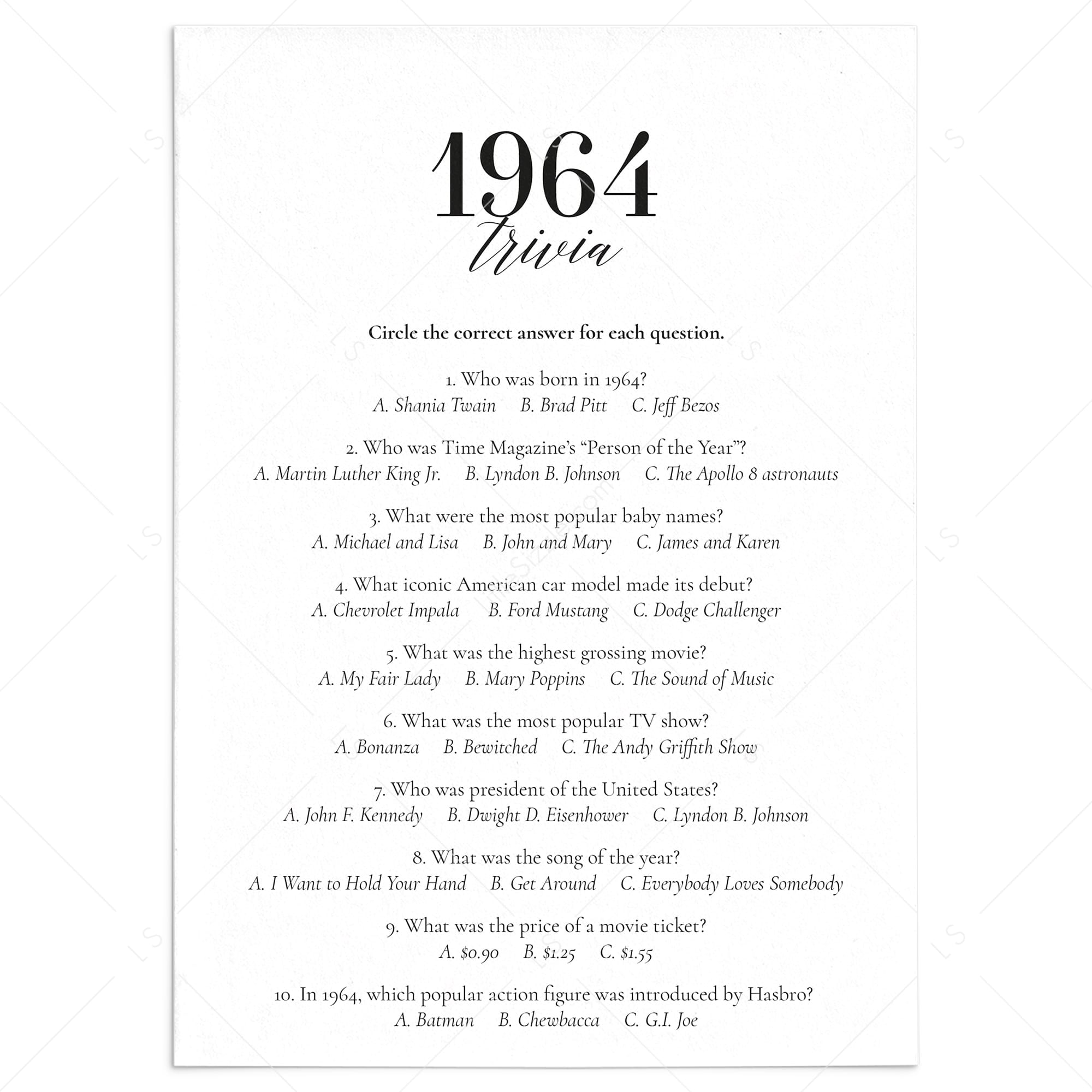 1964 Fun Facts Quiz with Answers Printable by LittleSizzle