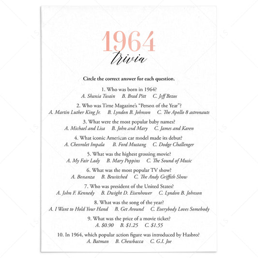 1964 Trivia Questions and Answers Printable by LittleSizzle