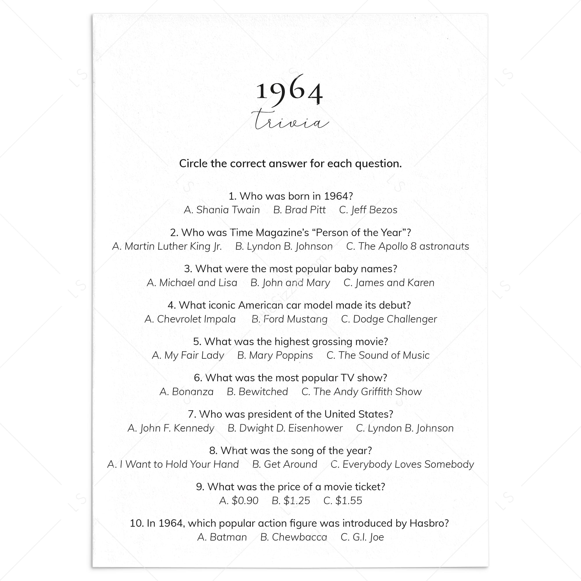 1964 Quiz and Answers Printable by LittleSizzle