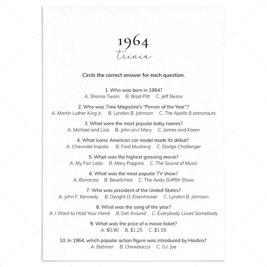 1964 Quiz and Answers Printable by LittleSizzle