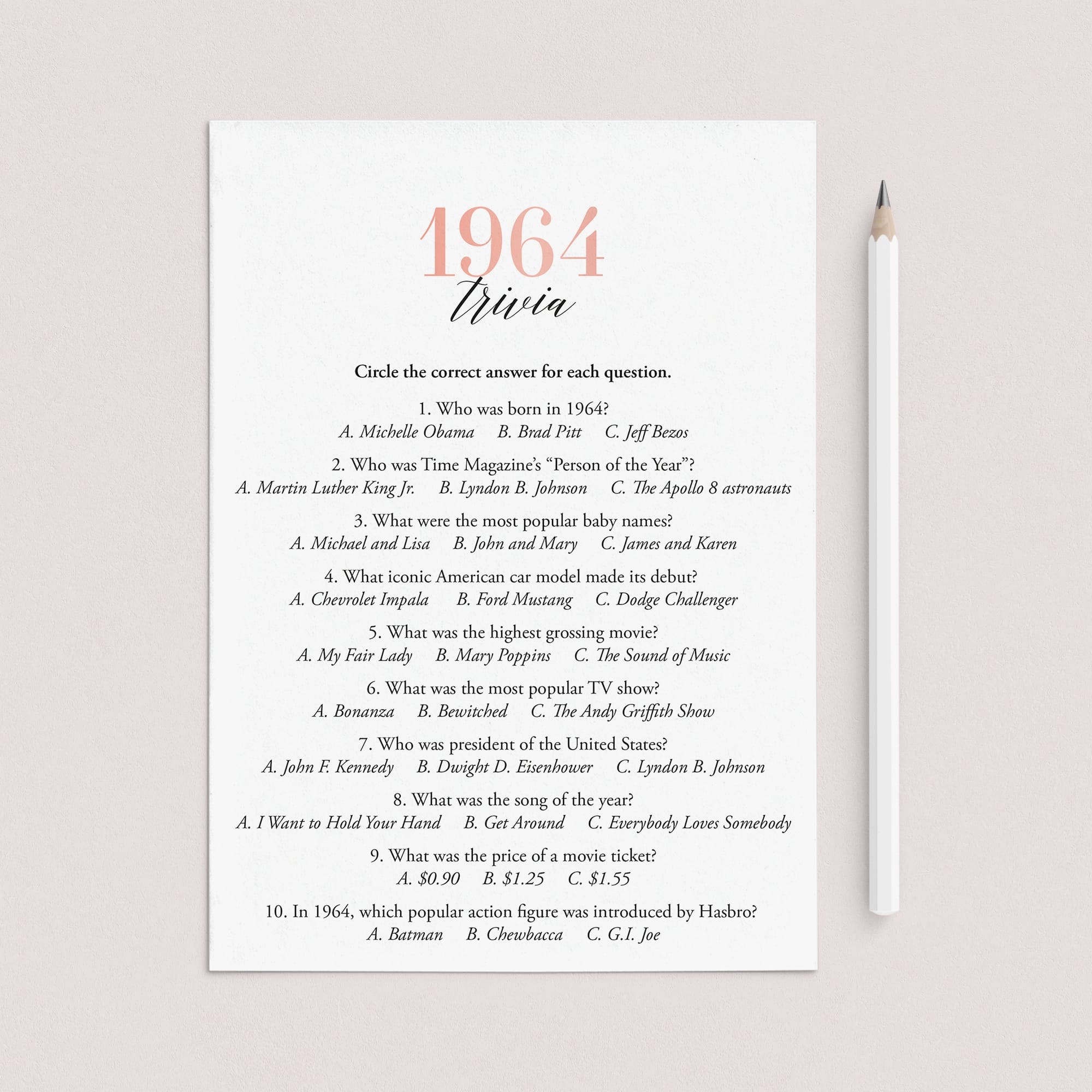 1964 Trivia Questions and Answers Printable by LittleSizzle