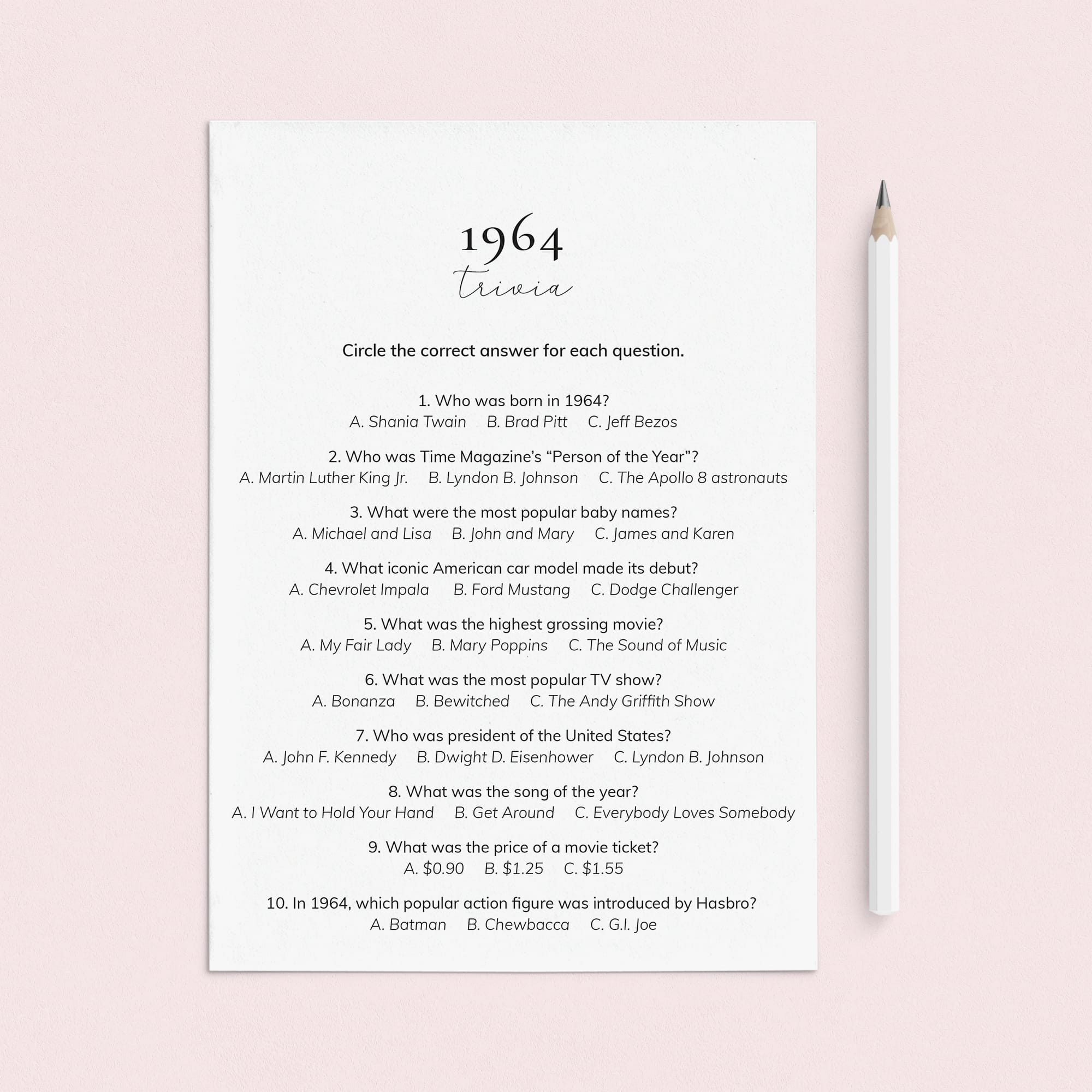 1964 Quiz and Answers Printable by LittleSizzle