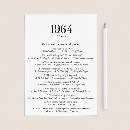 1964 Trivia Quiz with Answer Key Instant Download by LittleSizzle