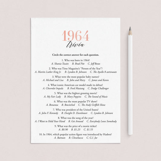 1964 Trivia Questions and Answers Printable by LittleSizzle