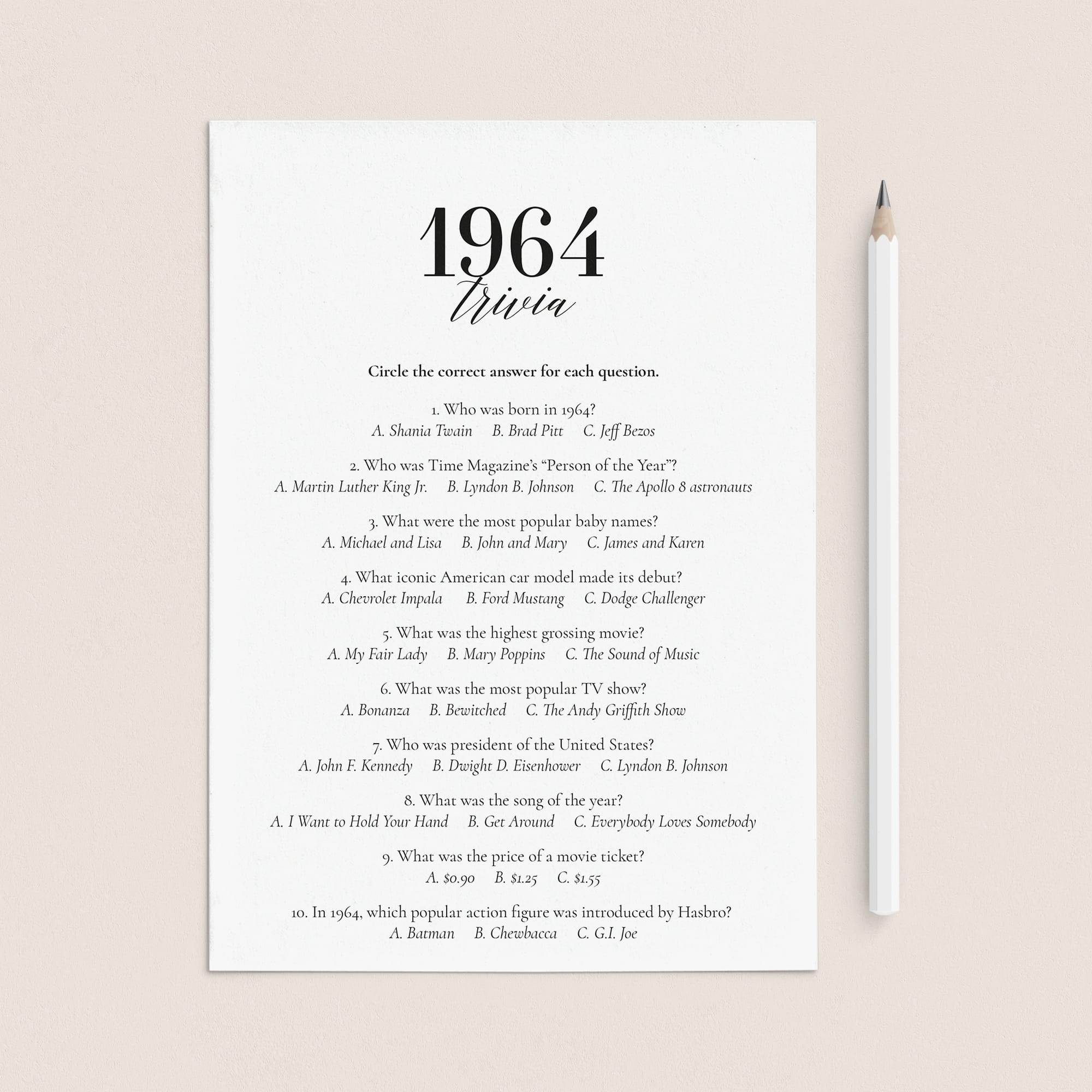 1964 Fun Facts Quiz with Answers Printable