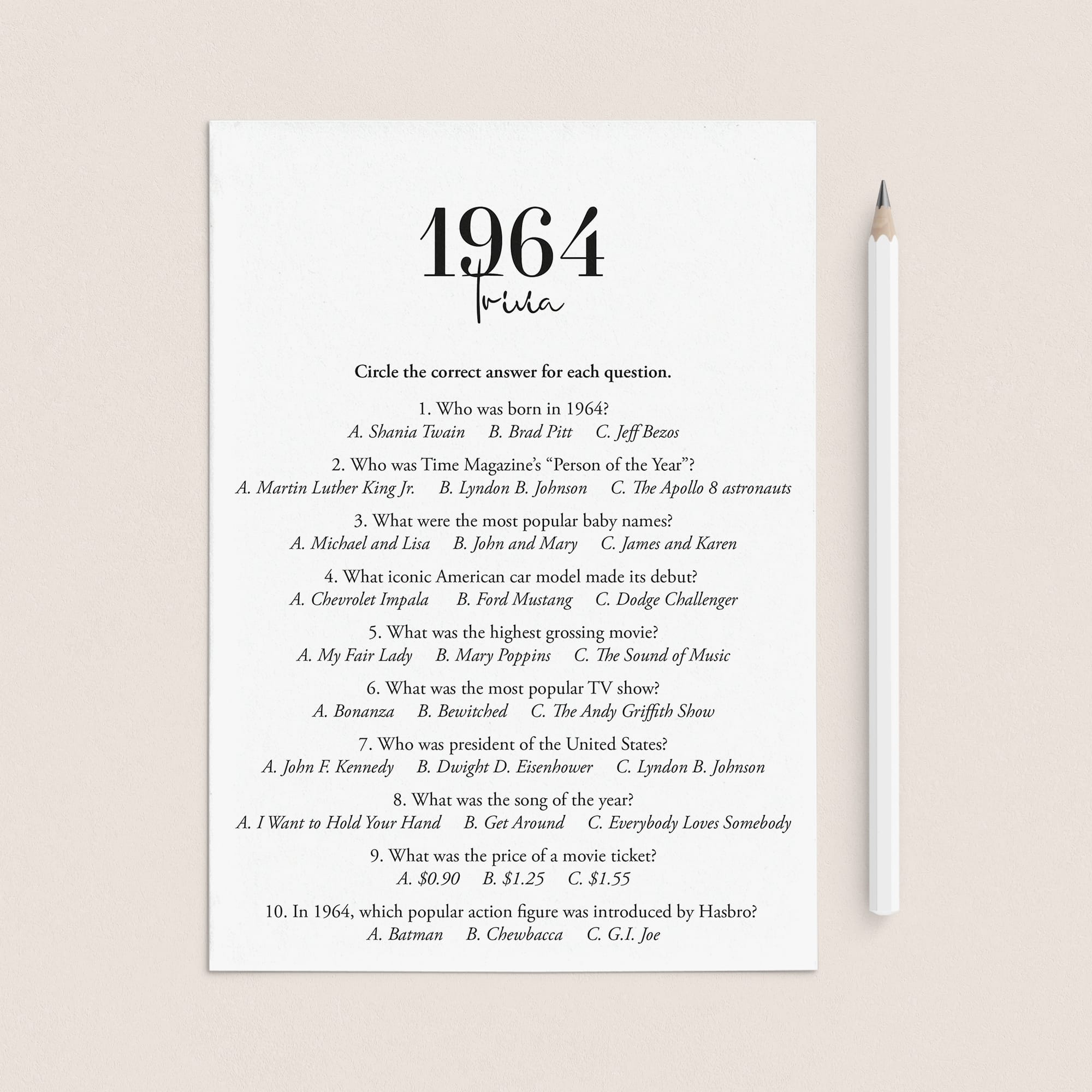 1964 Trivia Quiz with Answer Key Instant Download by LittleSizzle