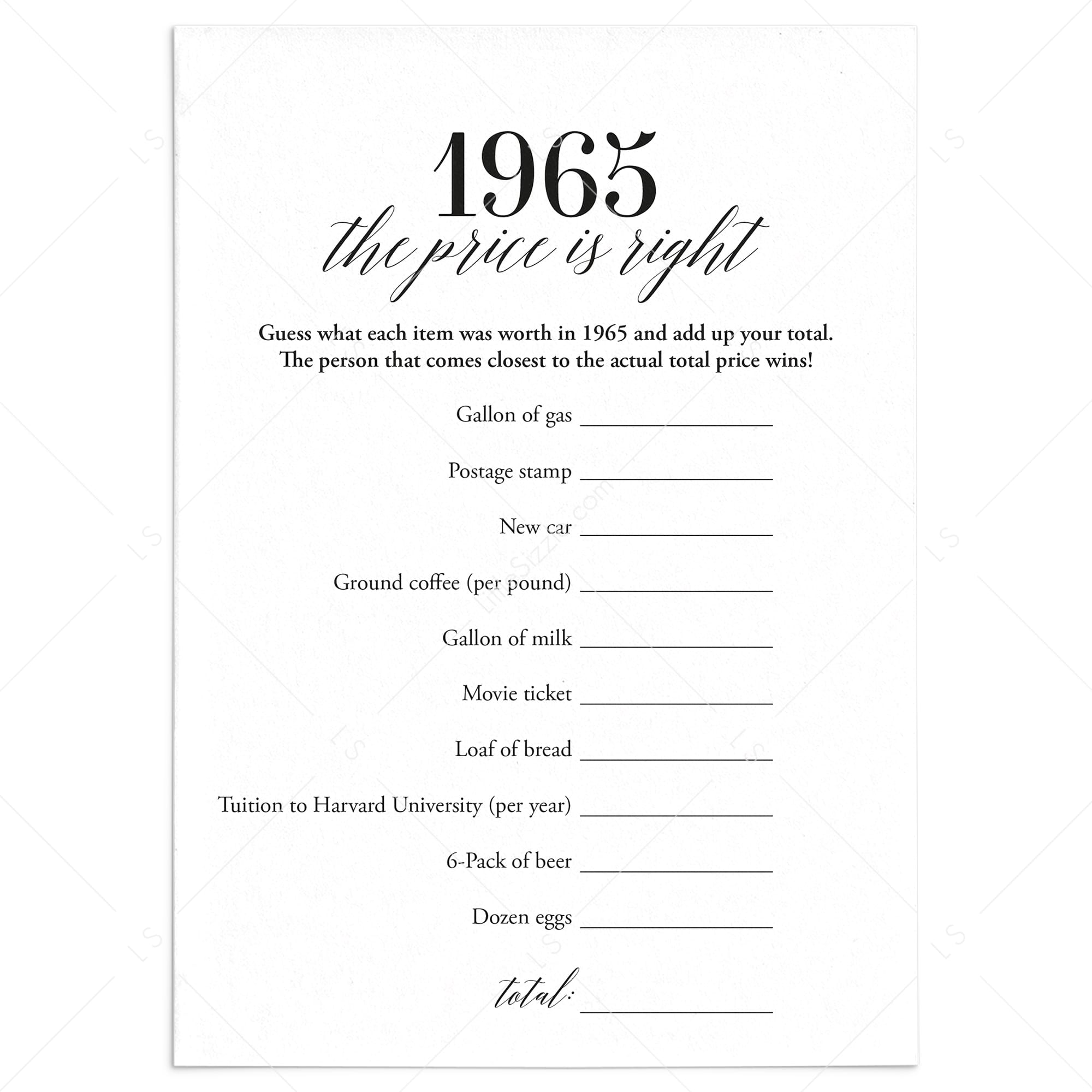 1965 The Price Is Right Game with Answers Printable by LittleSizzle