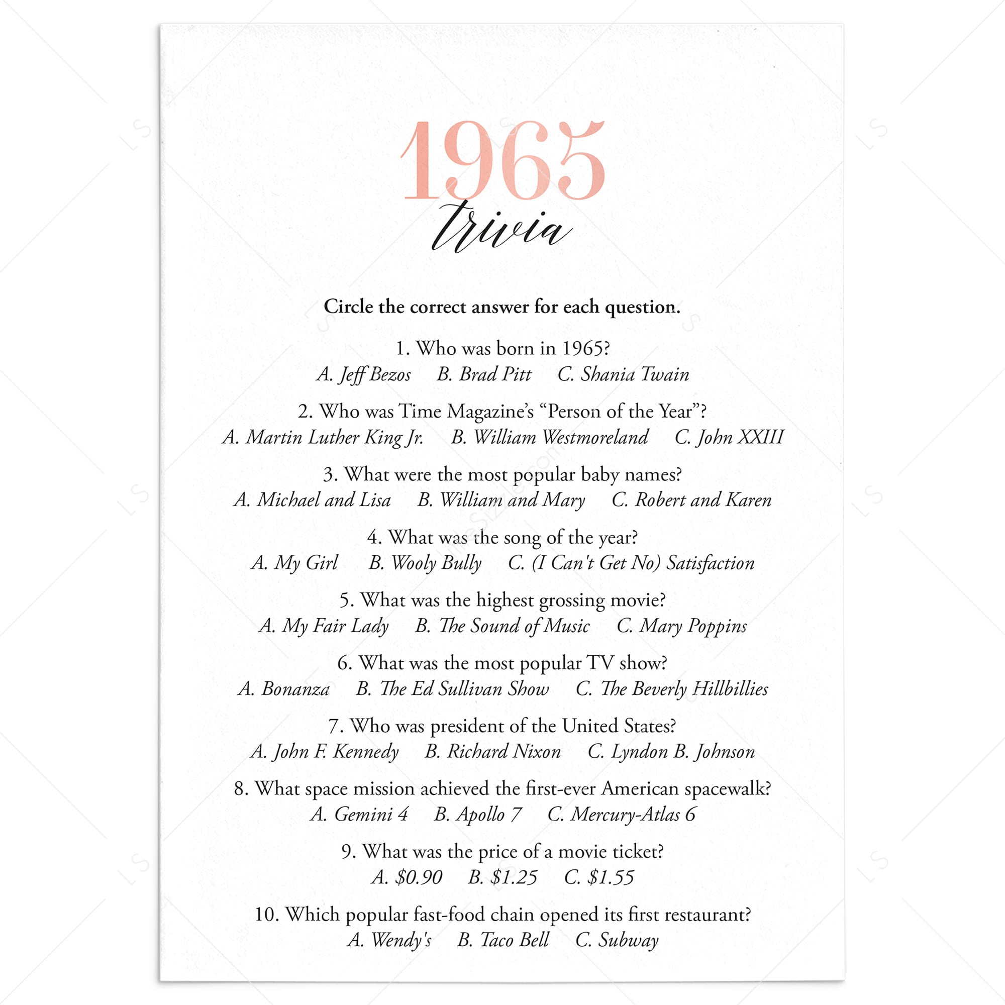 1965 Trivia Questions and Answers Printable by LittleSizzle