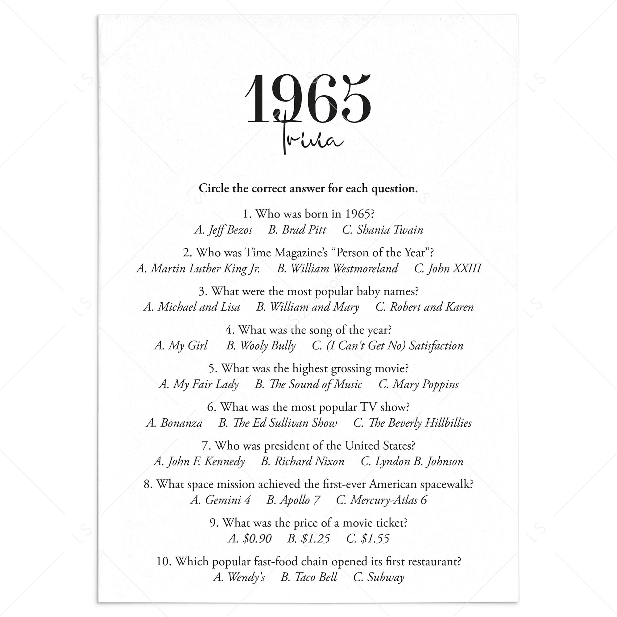 1965 Trivia Quiz with Answer Key Instant Download by LittleSizzle