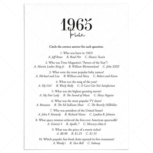 1965 Trivia Quiz with Answer Key Instant Download by LittleSizzle