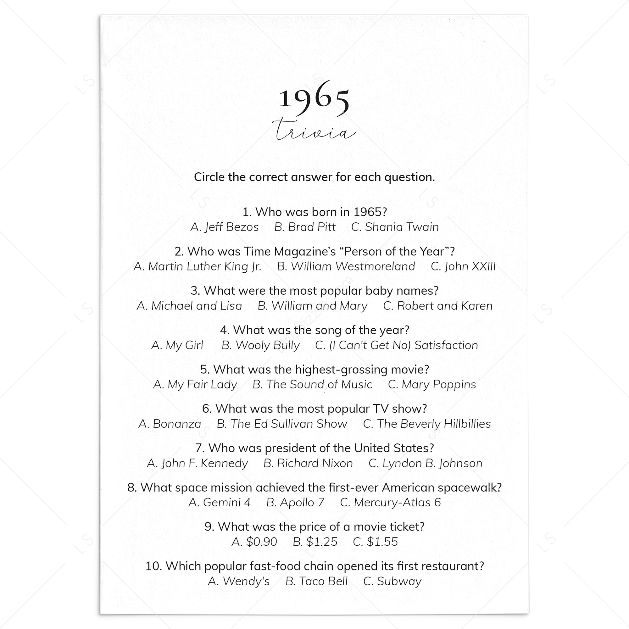 1965 Quiz and Answers Printable by LittleSizzle