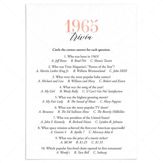 1965 Trivia Questions and Answers Printable by LittleSizzle