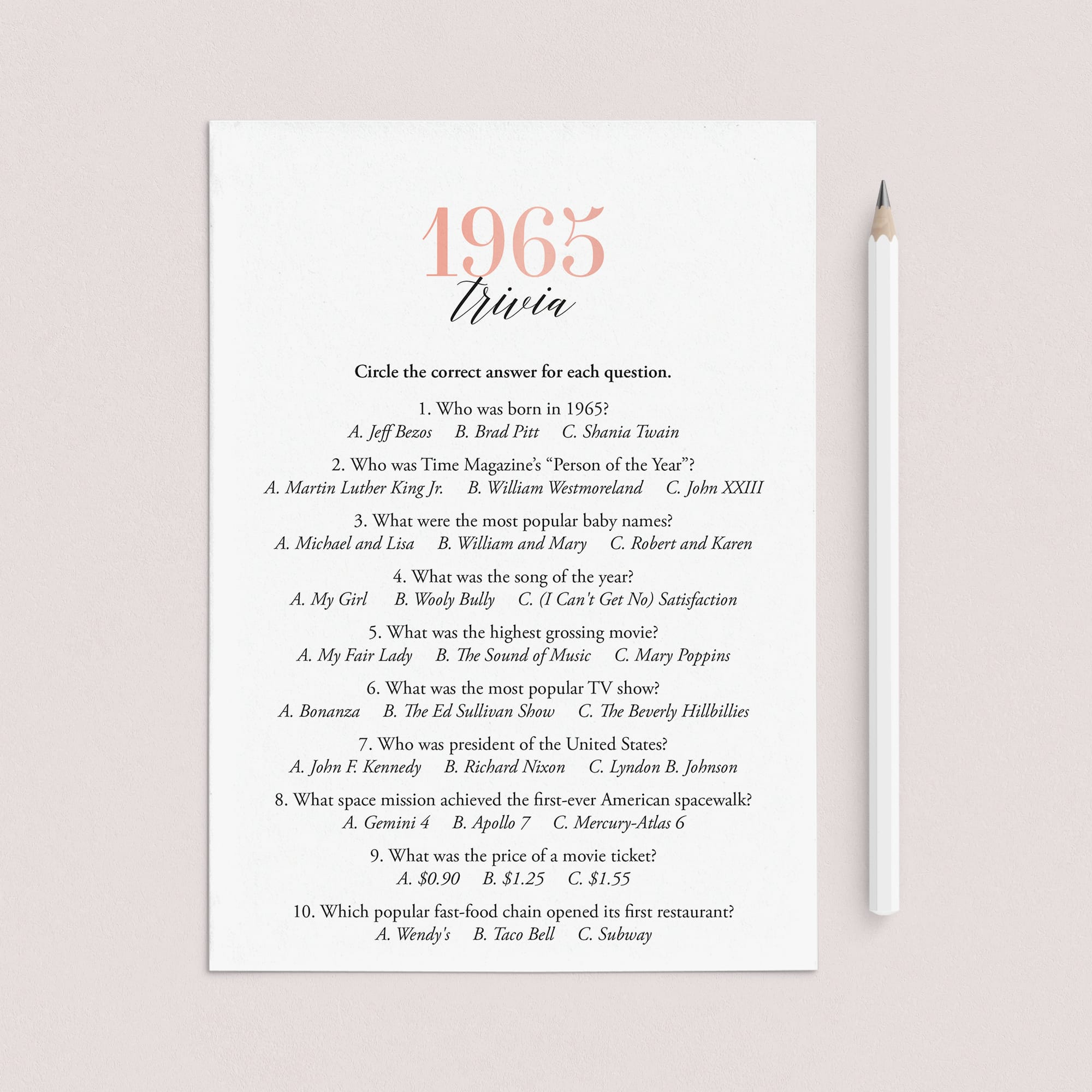 1965 Trivia Questions and Answers Printable by LittleSizzle