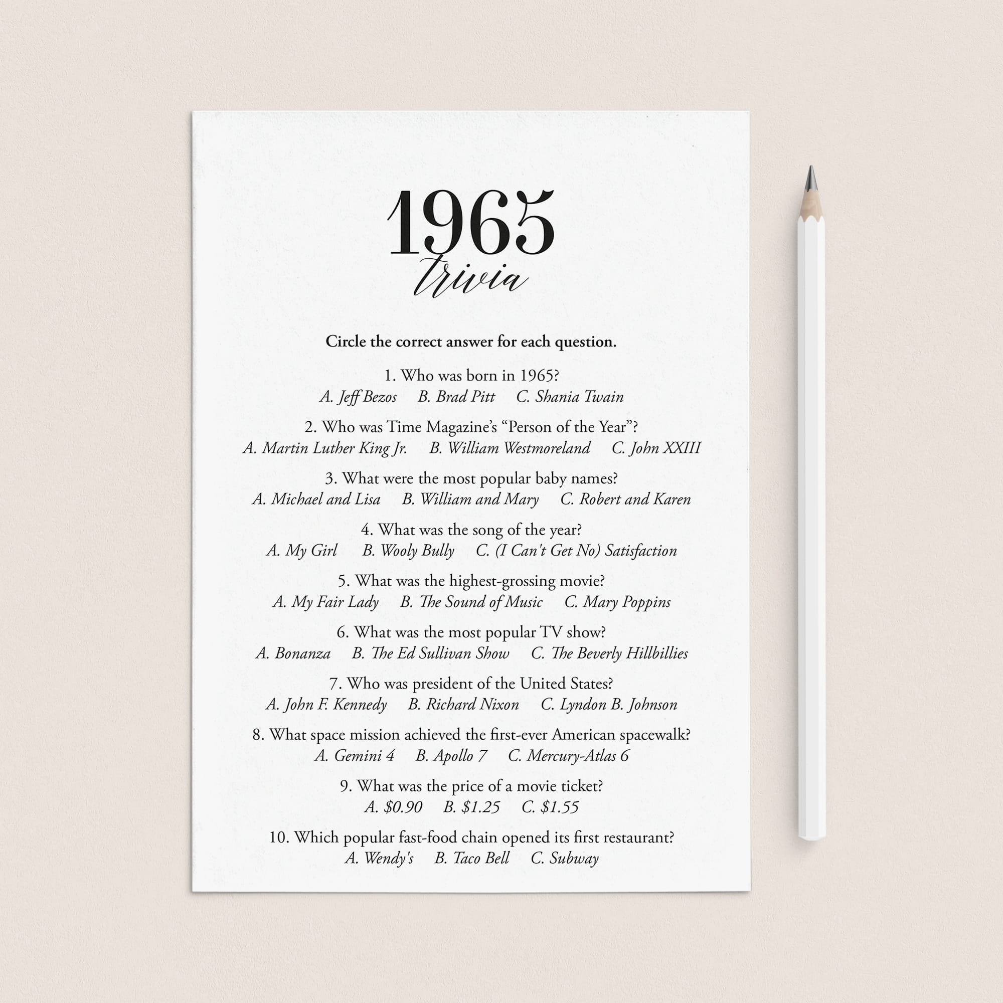 1965 Fun Facts Quiz with Answers Printable | 1965 Pop Culture Trivia by LittleSizzle