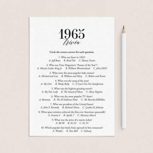 1965 Fun Facts Quiz with Answers Printable | 1965 Pop Culture Trivia by LittleSizzle