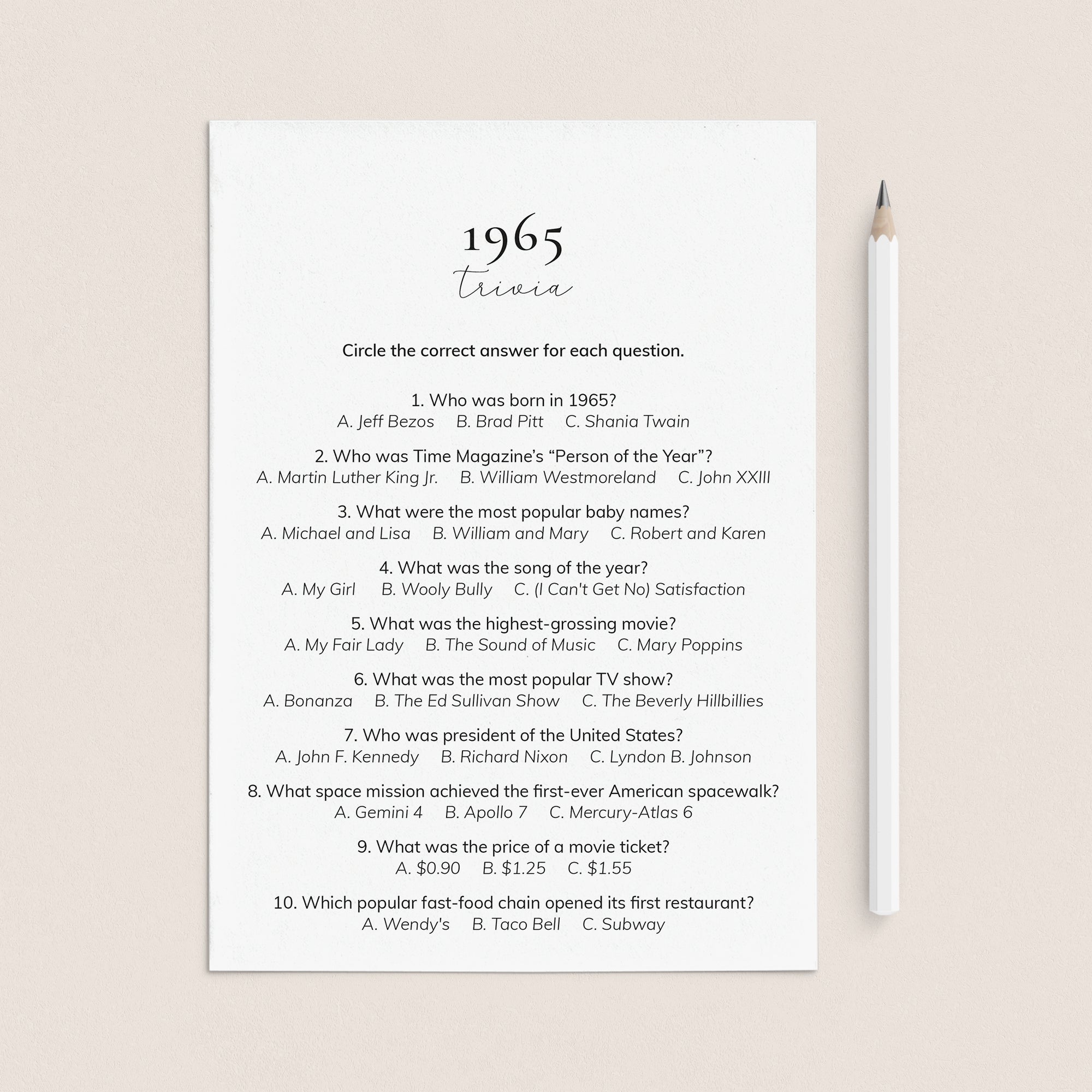 1965 Quiz and Answers Printable by LittleSizzle