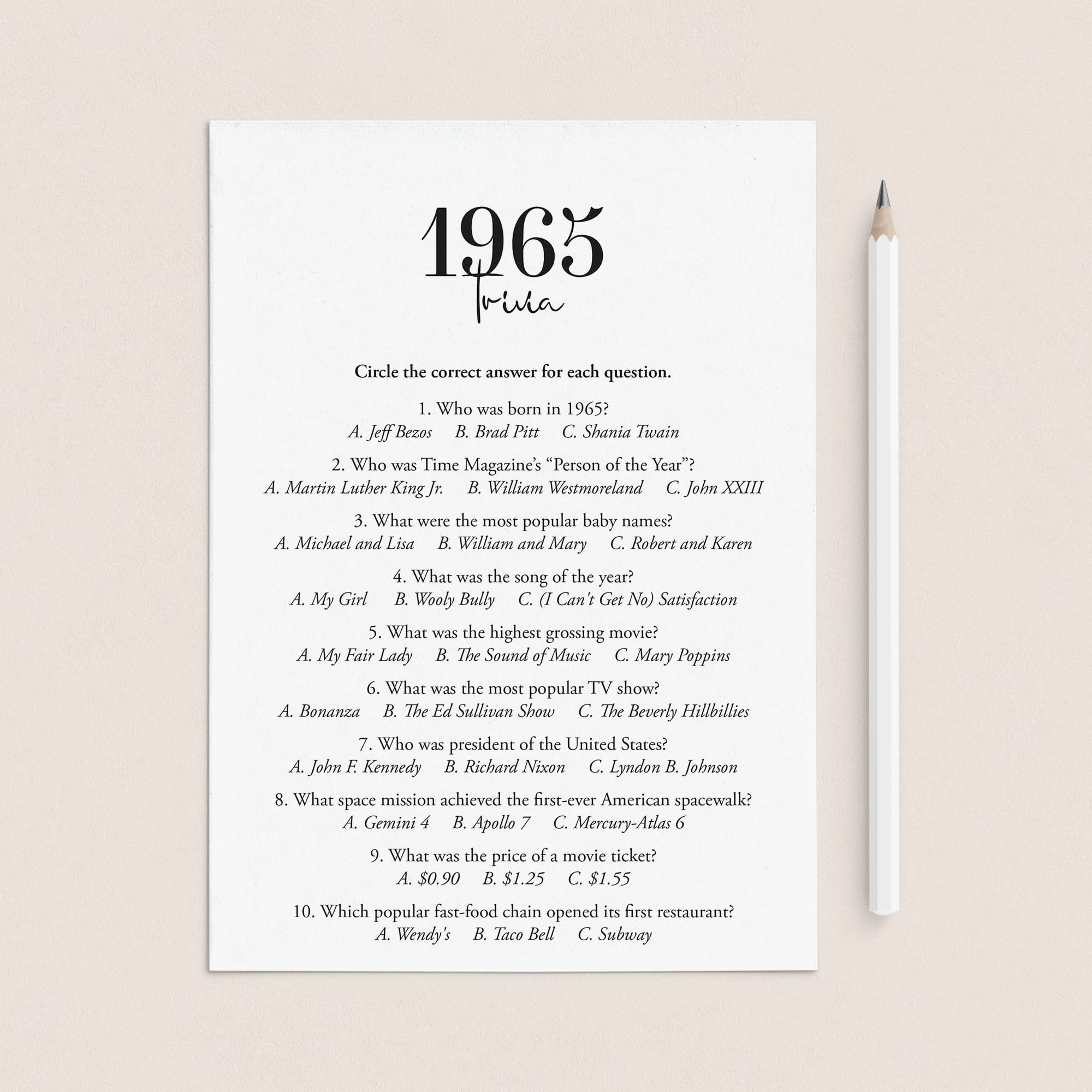 1965 Trivia Quiz with Answer Key Instant Download by LittleSizzle