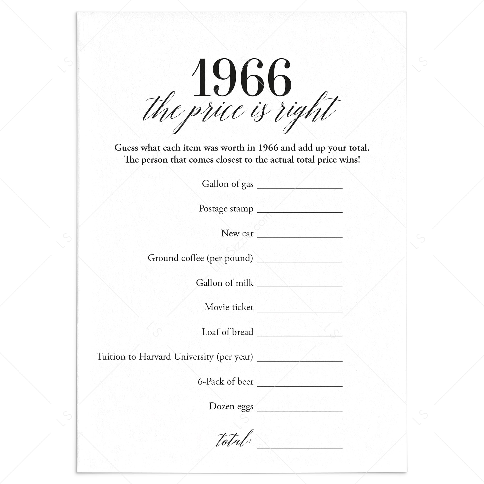 1966 The Price Is Right Game with Answers Printable by LittleSizzle