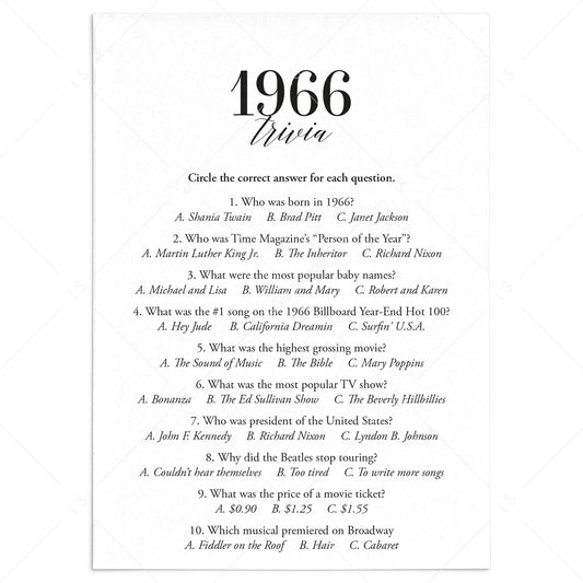 1966 Trivia Quiz with Answer Key Instant Download