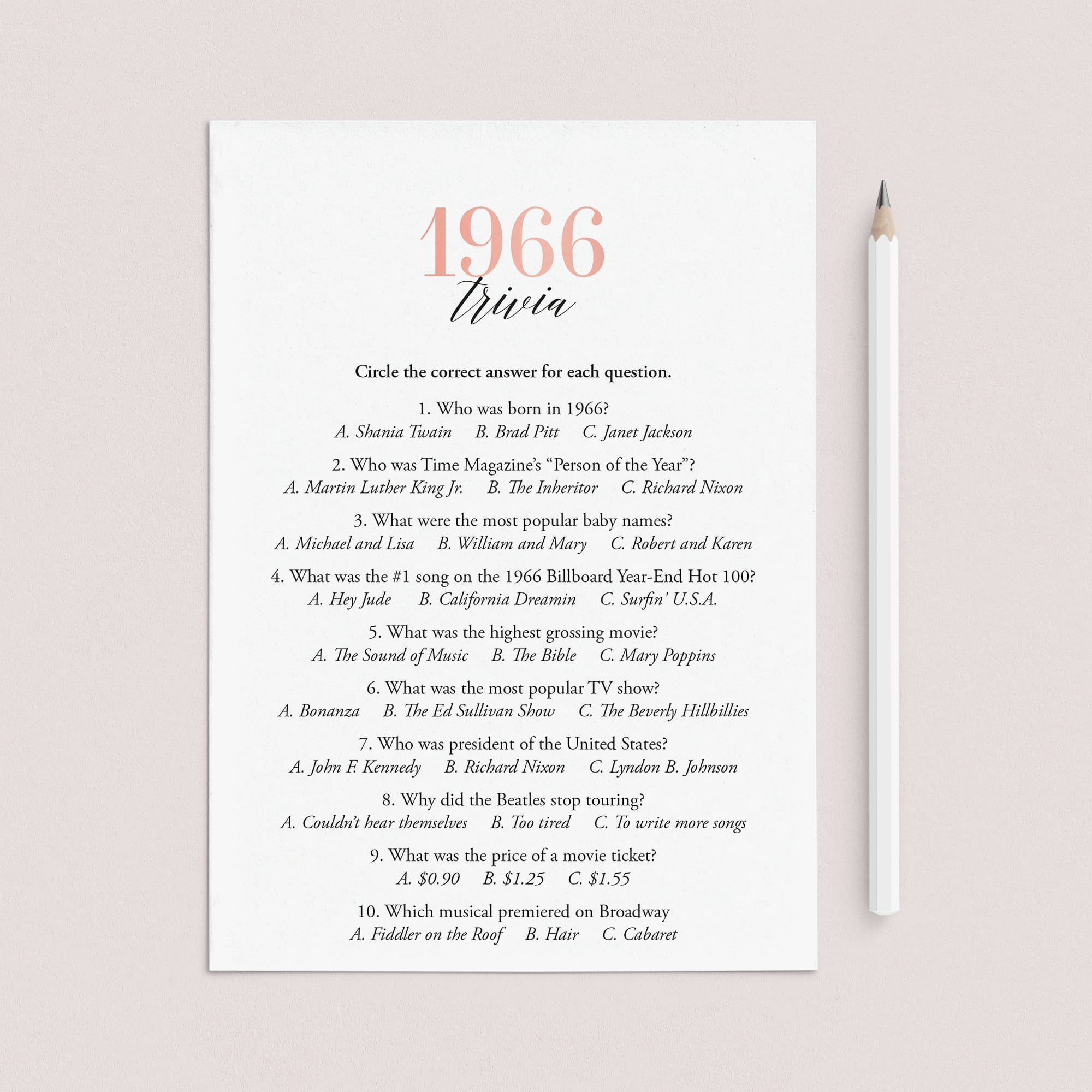 1966 Trivia Questions and Answers Printable by LittleSizzle