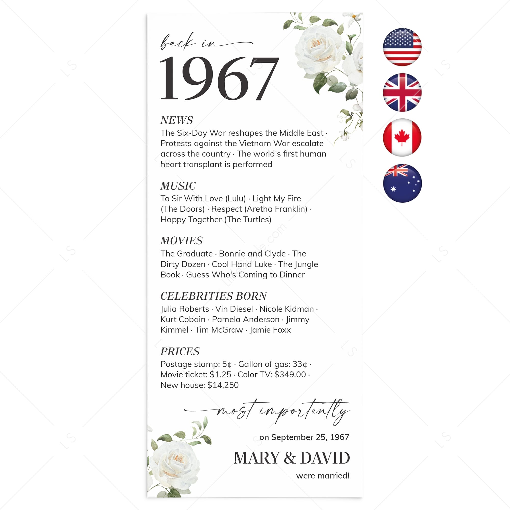 1967 Anniversary Table Cards Personalized 60th Anniversary Decor by LittleSizzle