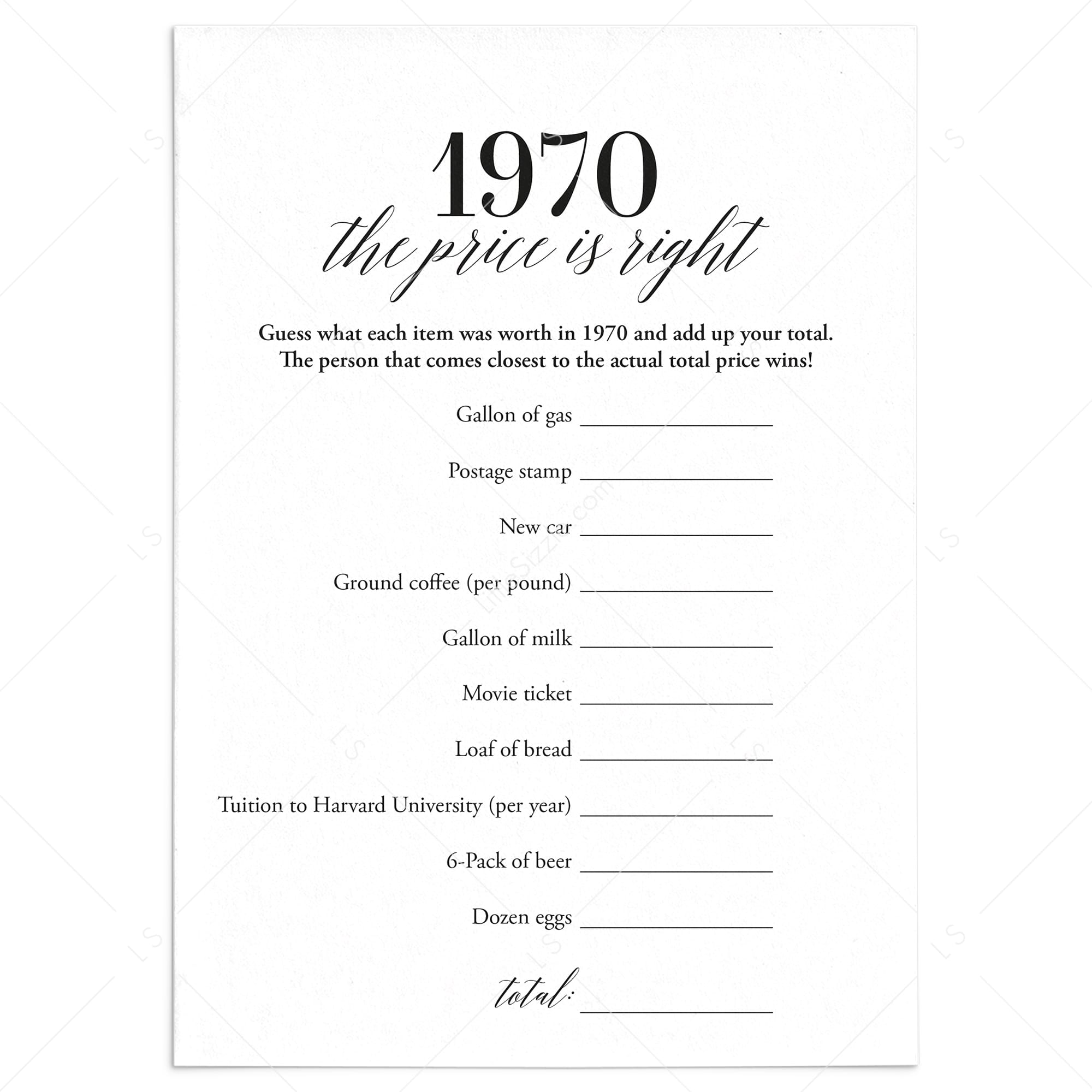 1970 The Price Is Right Game with Answers Printable by LittleSizzle