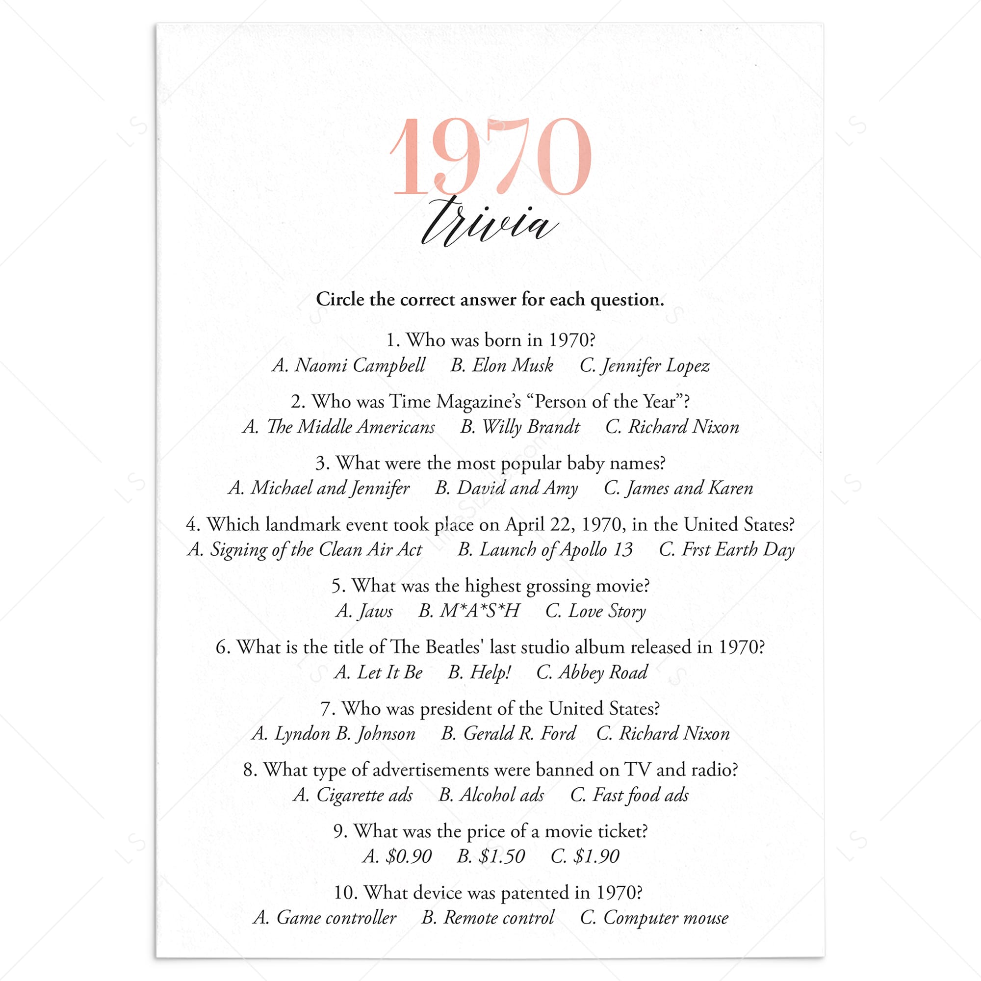 1970 Trivia Questions and Answers Printable by LittleSizzle