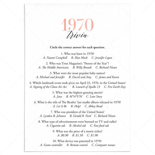 1970 Trivia Questions and Answers Printable by LittleSizzle