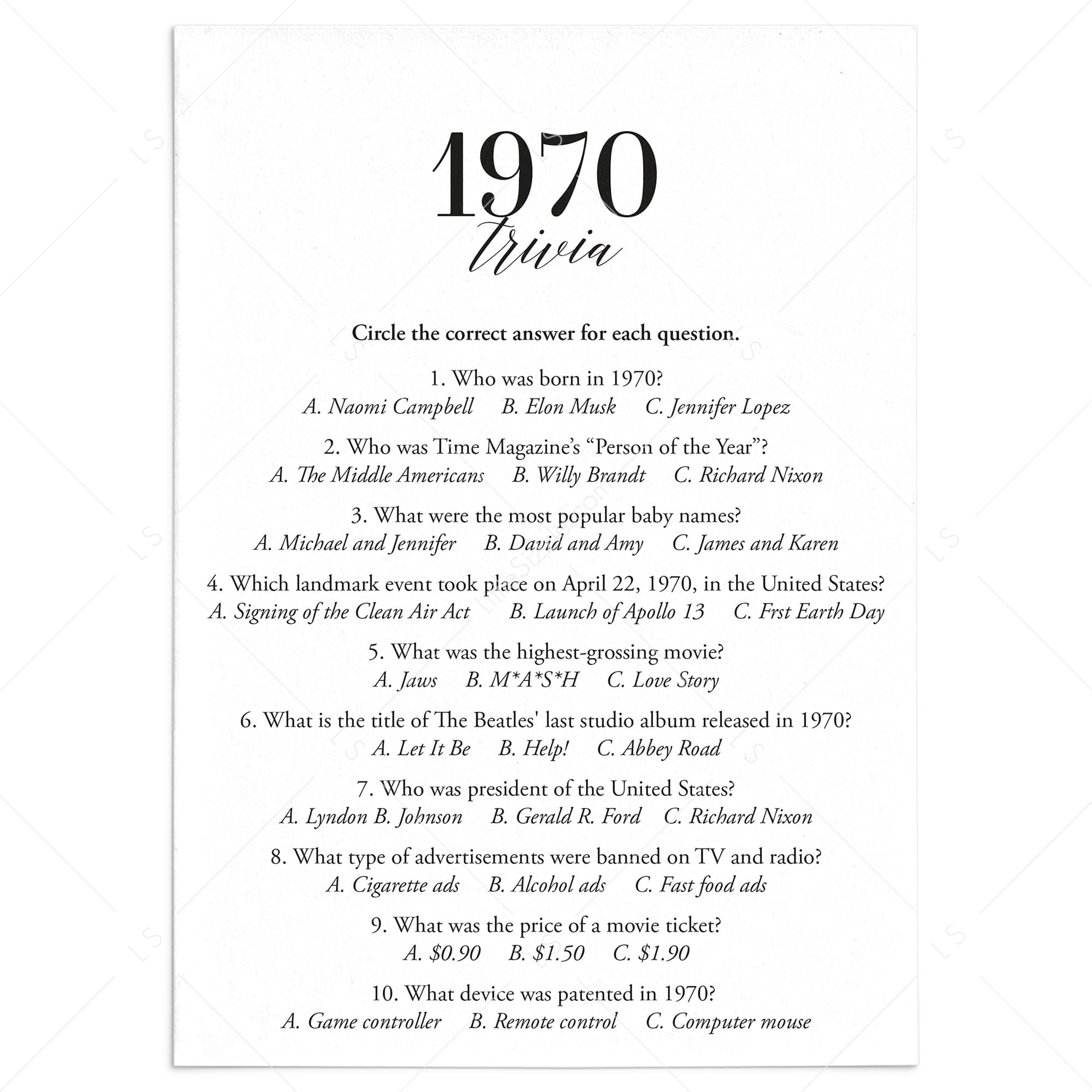 1970 Fun Facts Quiz with Answers Printable | 1970 Pop Culture Trivia by LittleSizzle