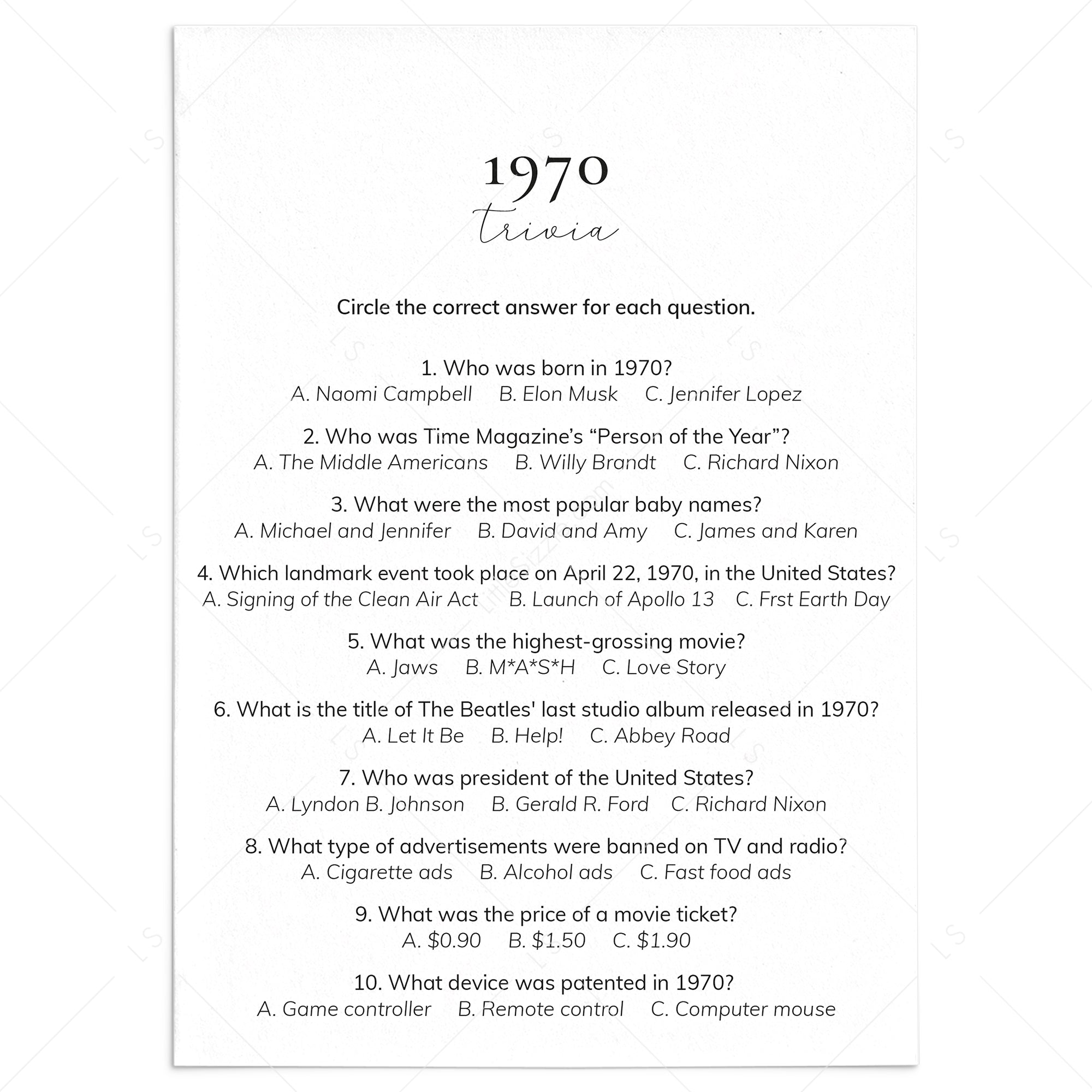 1970 Quiz and Answers Printable by LittleSizzle