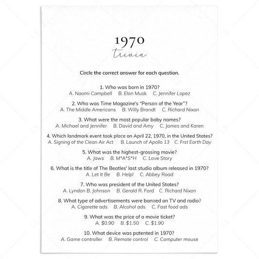 1970 Quiz and Answers Printable by LittleSizzle