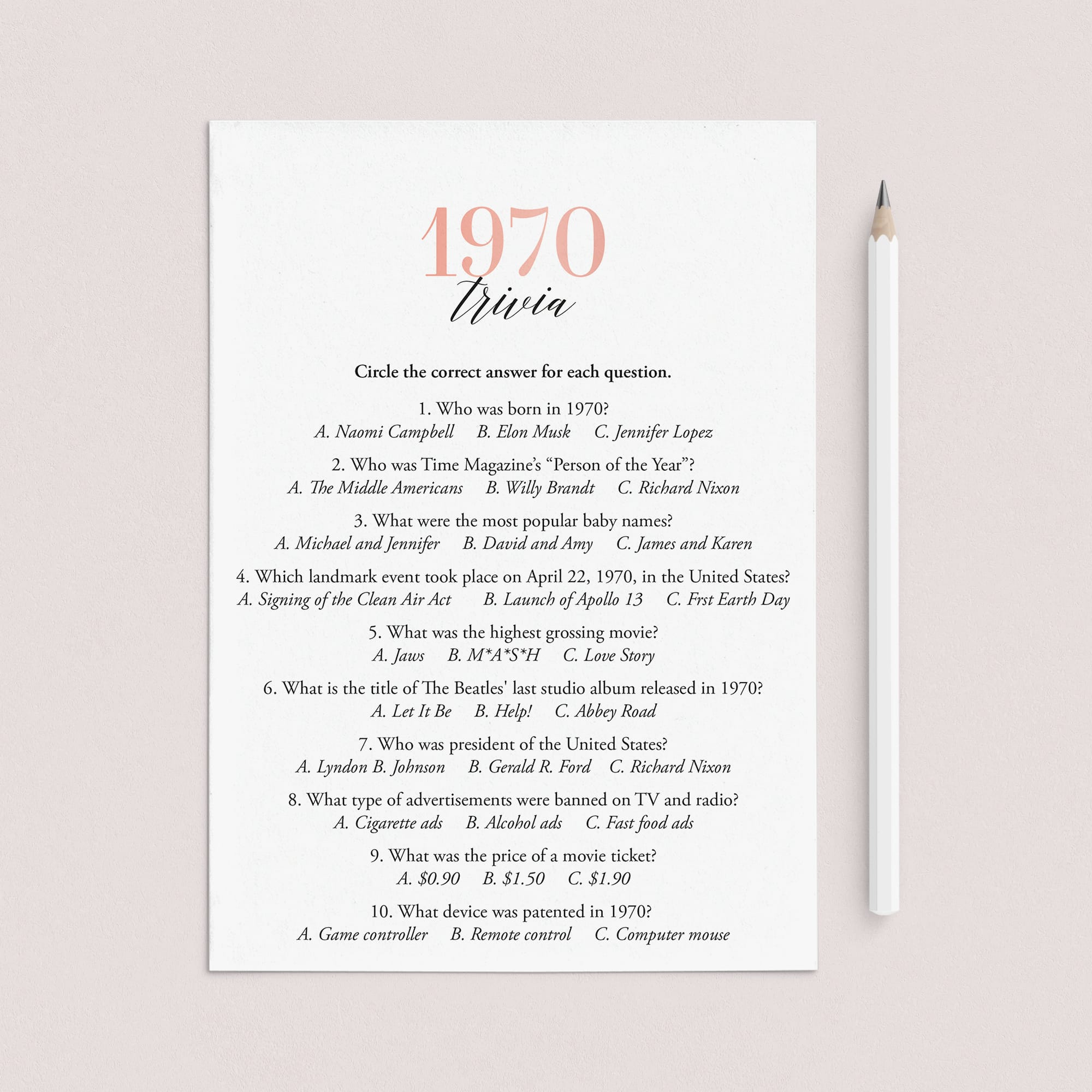 1970 Trivia Questions and Answers Printable by LittleSizzle